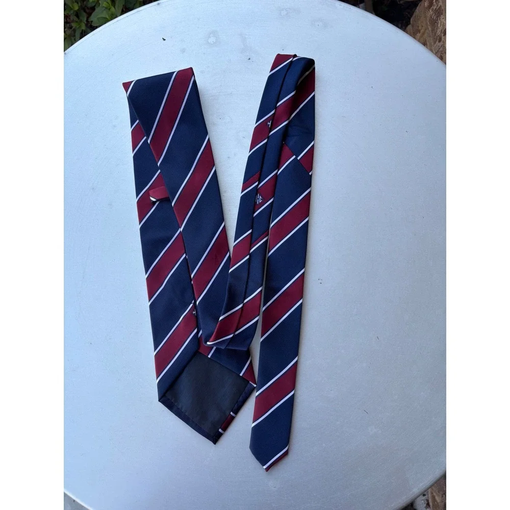 Navy Blue Burgundy White Striped Silk-Feel Microfill Classic Mens Necktie Logo